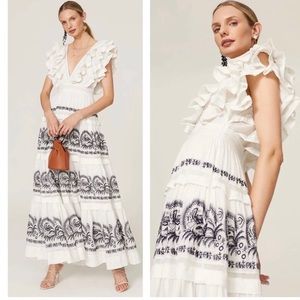 Ulla Johnson Marjorie Ruffle Floral Embroidered Tiered Cotton Maxi Size 8